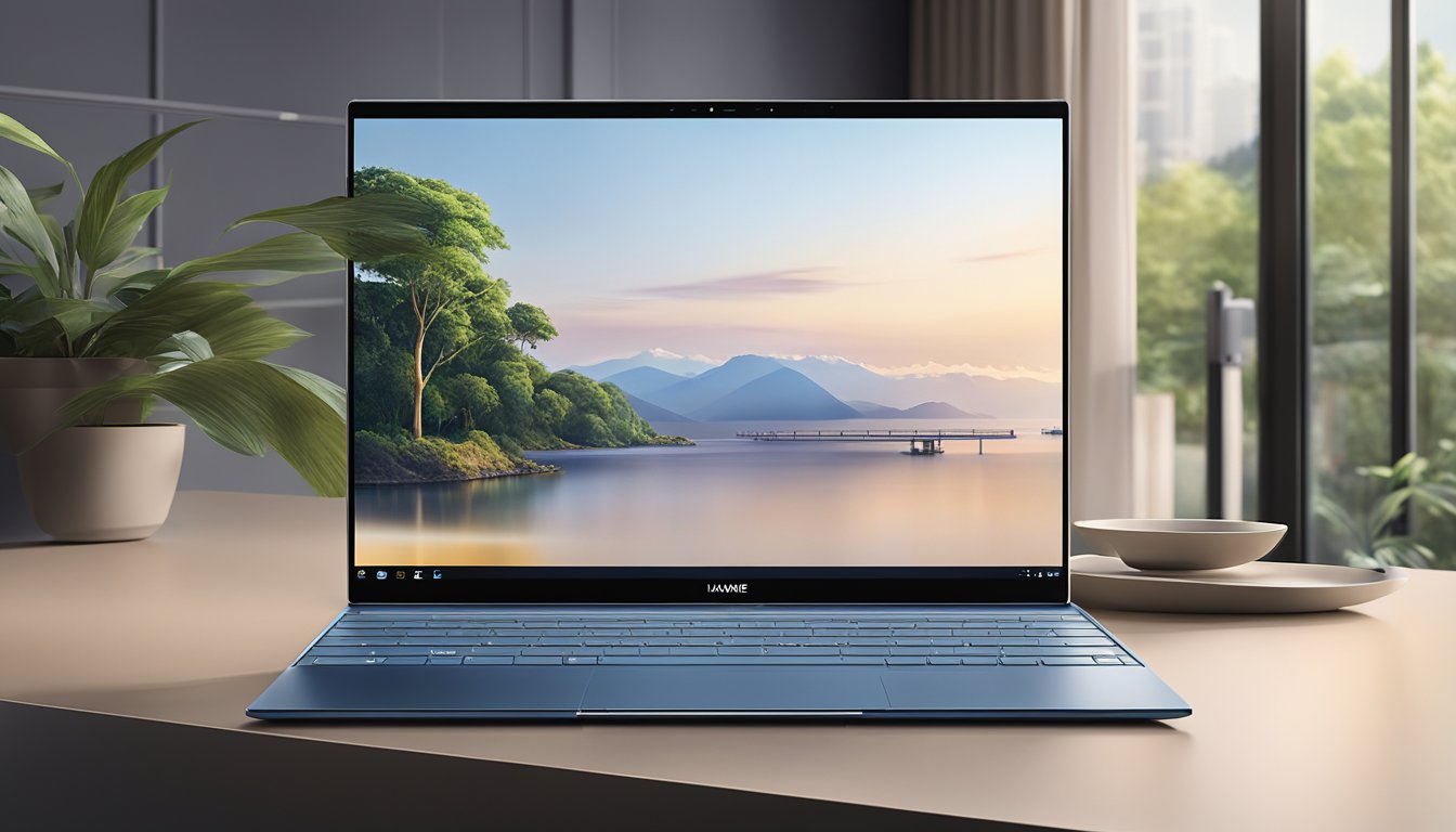 A Huawei MateBook displayed with its features in a sleek, modern setting. A prominent "Where to buy Huawei laptop in Singapore" sign is visible