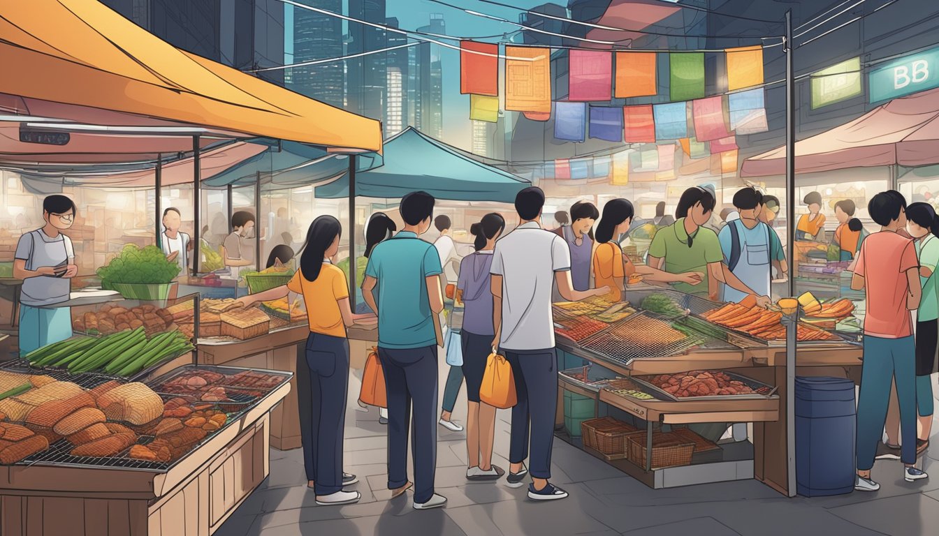 A bustling market stall displays various BBQ wire mesh options in Singapore. Customers browse and converse with the vendor, surrounded by a colorful array of products