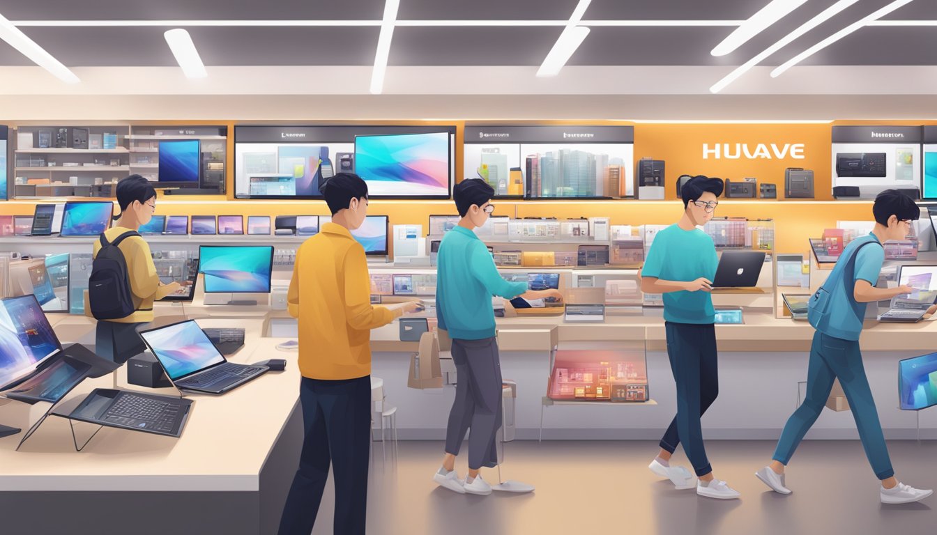 A bustling electronics store in Singapore showcases a display of sleek Huawei laptops, with customers browsing and making purchases