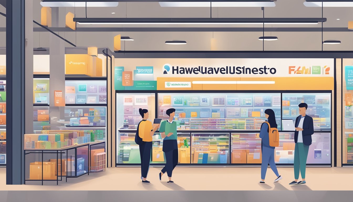 A bustling electronics store in Singapore displays Huawei laptops with a sign reading "Frequently Asked Questions: Where to buy Huawei laptop in Singapore."