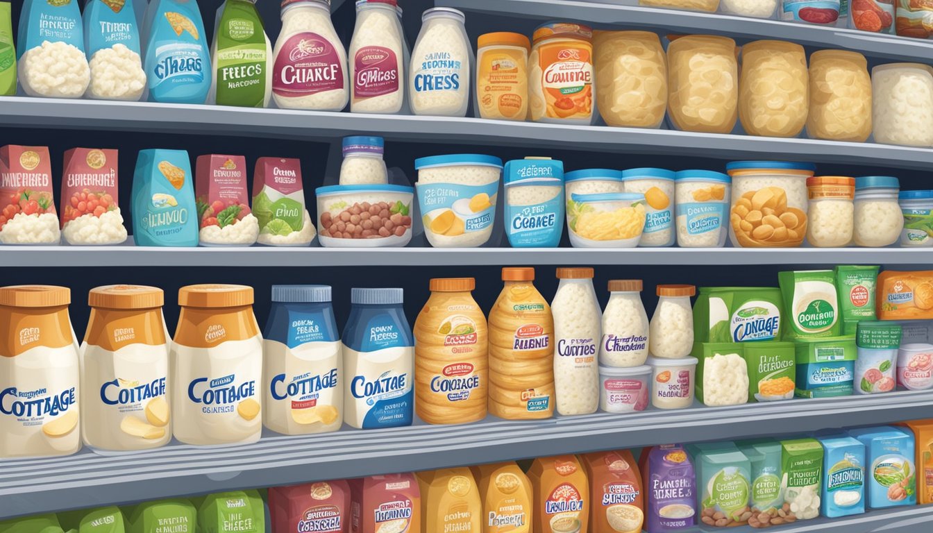 A grocery store shelf with various brands of cottage cheese on display in Singapore