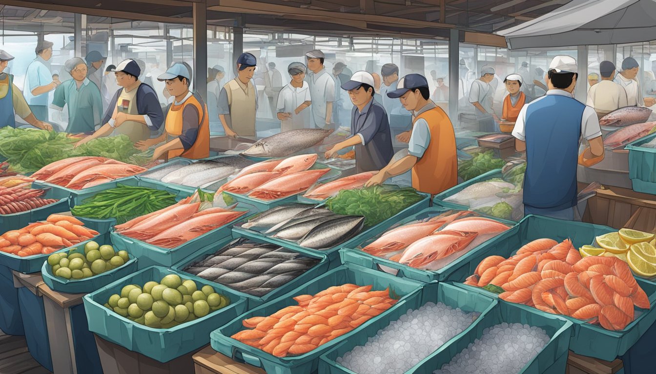 A bustling seafood market in Singapore with various vendors selling fresh tuna displayed on ice