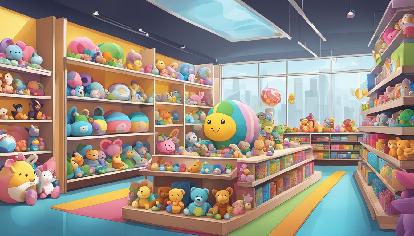 A colorful toy store in Singapore displays shelves filled with soft toys of various shapes and sizes, attracting customers with its inviting and playful atmosphere