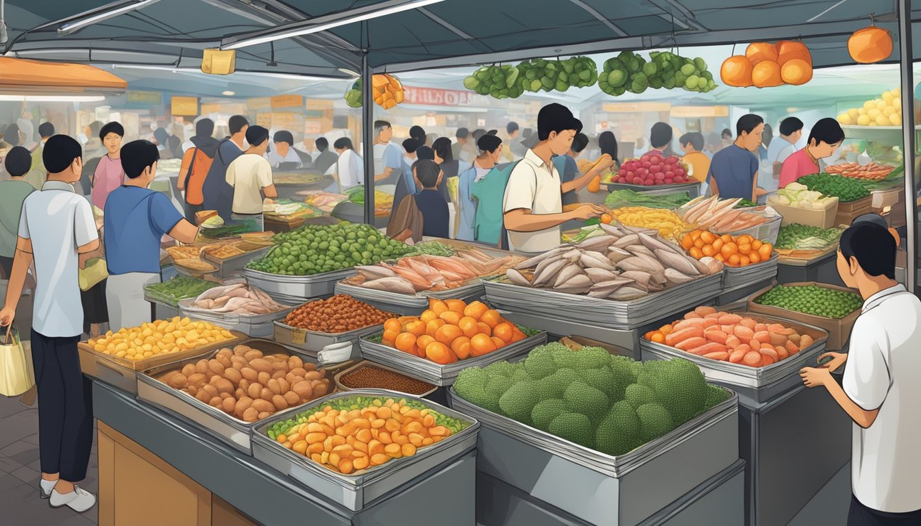 A bustling market stall in Singapore showcases an array of tuna delicacies, from fresh cuts to canned products, attracting eager customers