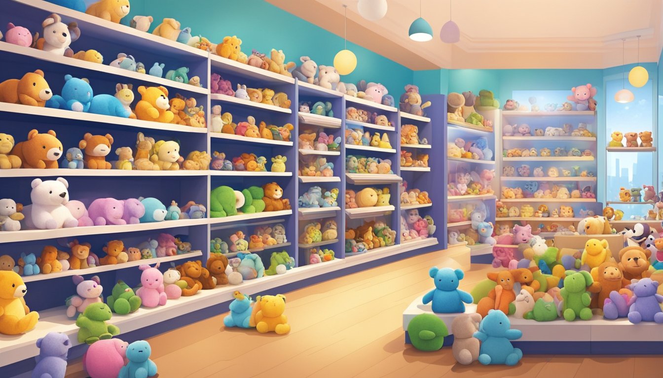 A colorful display of soft toys lines the shelves of a toy store in Singapore. Bright lights illuminate the plush animals and characters, creating a welcoming and playful atmosphere for shoppers