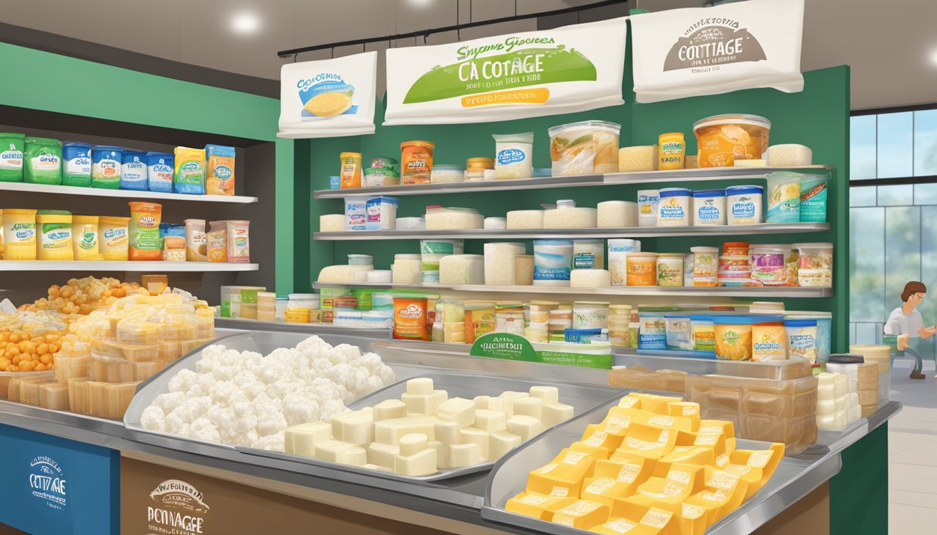 A bustling Singaporean market stall displays a variety of cottage cheese brands, with colorful packaging and fresh dairy products on offer