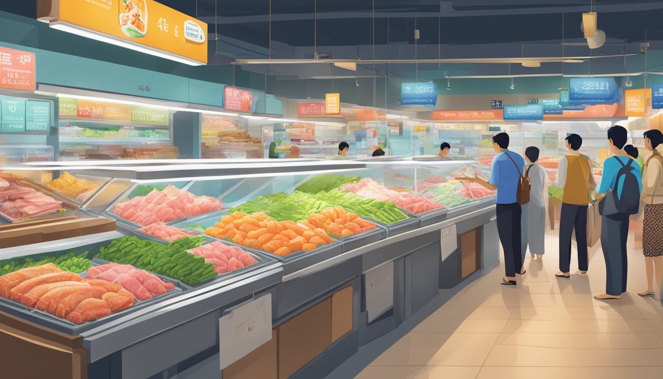 Customers browsing tuna at various retailers and markets in Singapore. Brightly lit displays showcase fresh and frozen options. Signs indicate prices and origin