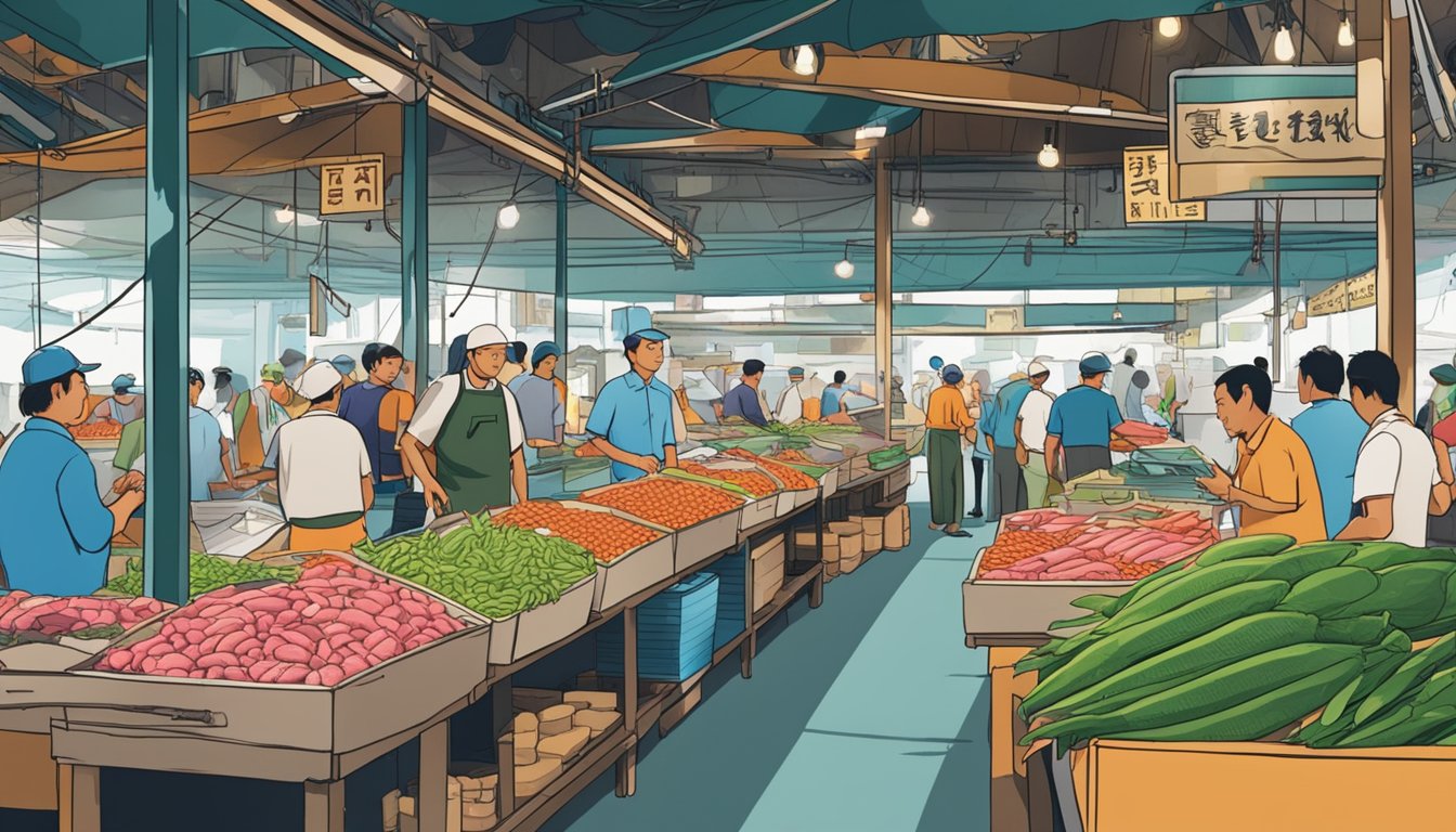 A bustling fish market in Singapore with colorful displays of fresh tuna and vendors answering questions from customers