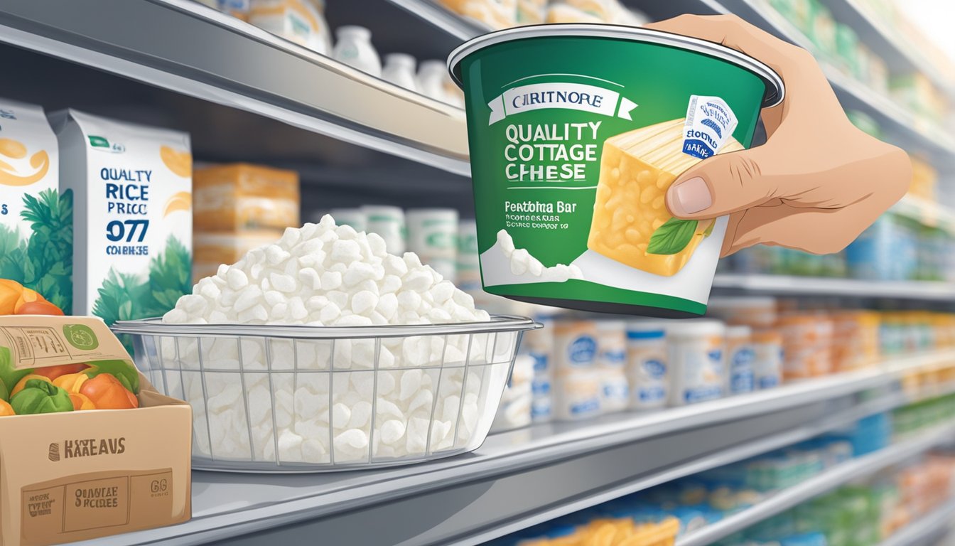 A hand reaches for a container of cottage cheese on a grocery store shelf in Singapore. The label reads "Quality Cottage Cheese" with a price tag below