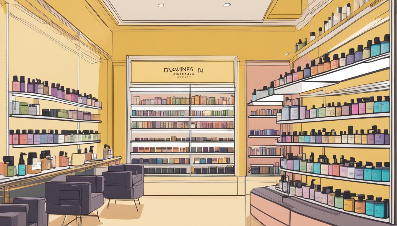 A shelf lined with Davines hair products in a modern Singaporean salon. Bright lighting highlights the sleek packaging and vibrant colors, inviting customers to explore the range of products available