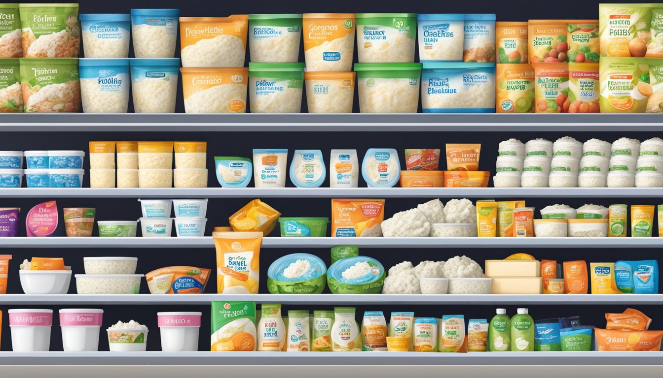 A grocery store shelf stocked with various brands of cottage cheese in Singapore. Bright packaging and clear labeling