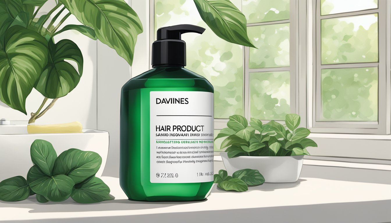 A bottle of Davines hair product sits on a clean, white bathroom counter, surrounded by lush green plants and natural light streaming in from a window