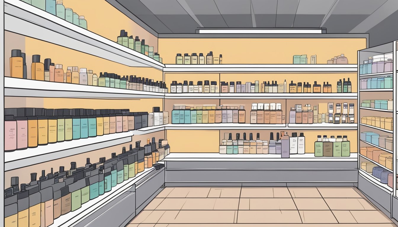 Shelves stocked with Davines hair products in a Singaporean store. Bright, clean, and organized display with clear signage