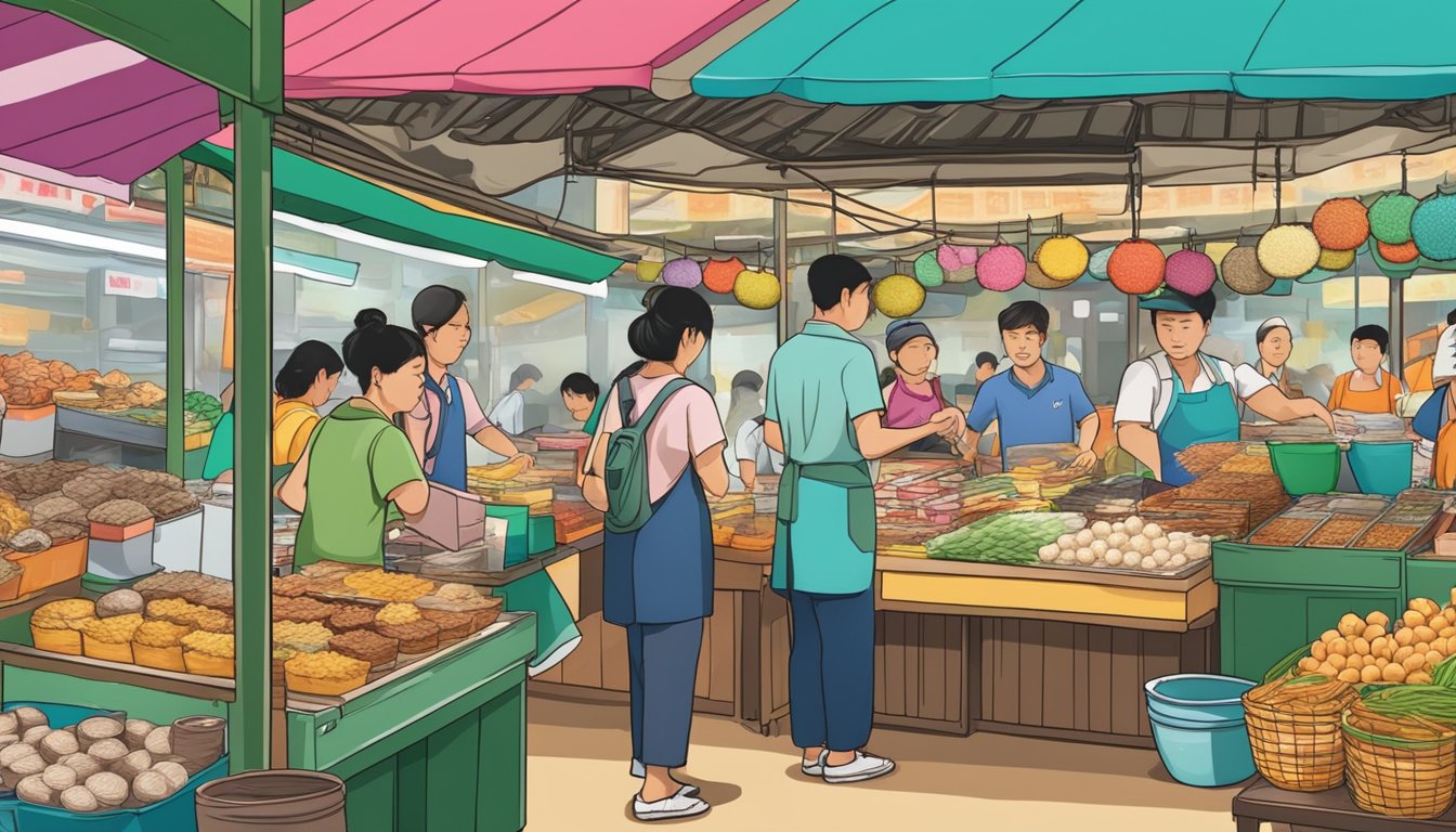 A bustling Singaporean market stall sells the best kueh bangkit, with colorful displays and eager customers