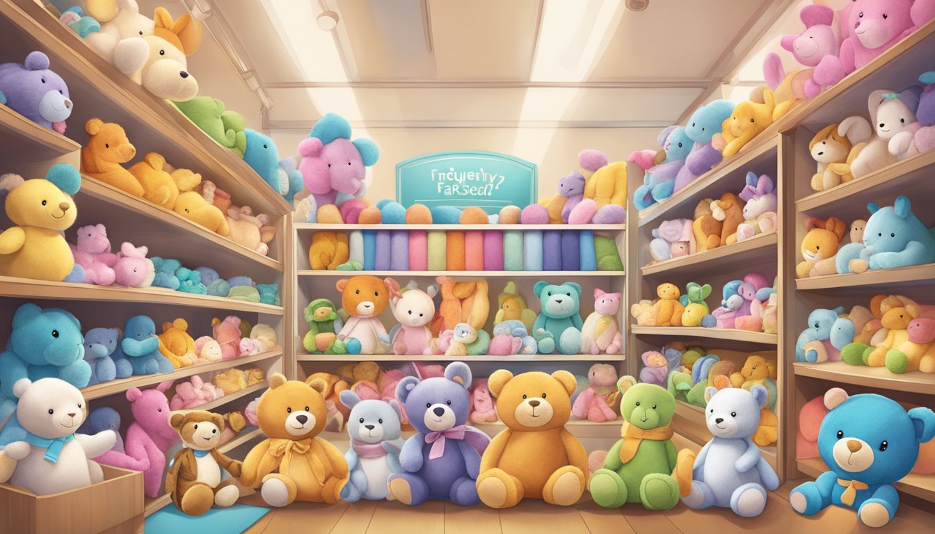 A colorful display of soft toys in a Singapore store, with a variety of options and a prominent "Frequently Asked Questions" sign
