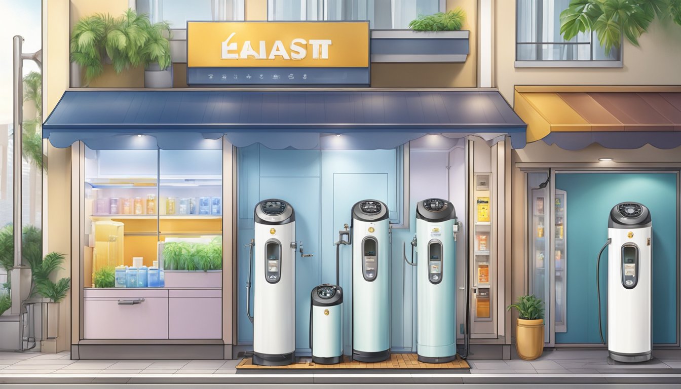 A store display showcases instant water heaters in Singapore