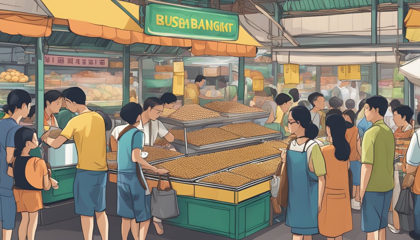 A bustling Singaporean market stall sells authentic kueh bangkit, displayed in intricately patterned tins and surrounded by eager customers