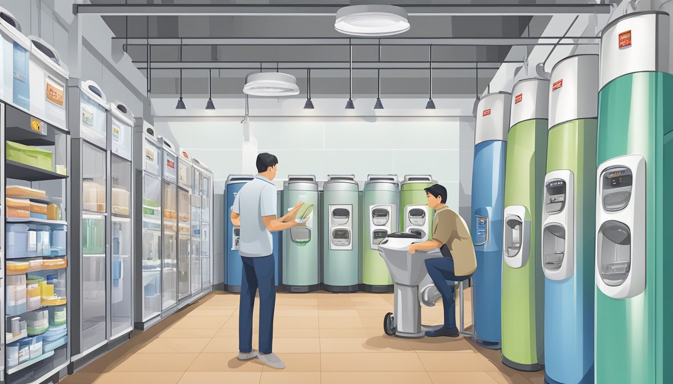 A customer browsing through various instant water heaters at a home improvement store in Singapore, comparing features and prices