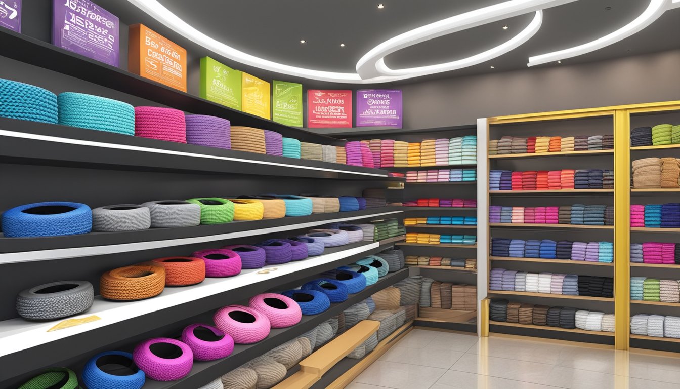 A display of various steering wheel covers in a well-lit automotive accessories store in Singapore. Shelves neatly stocked with different colors and materials. A sign indicates "Best Sellers" above the selection