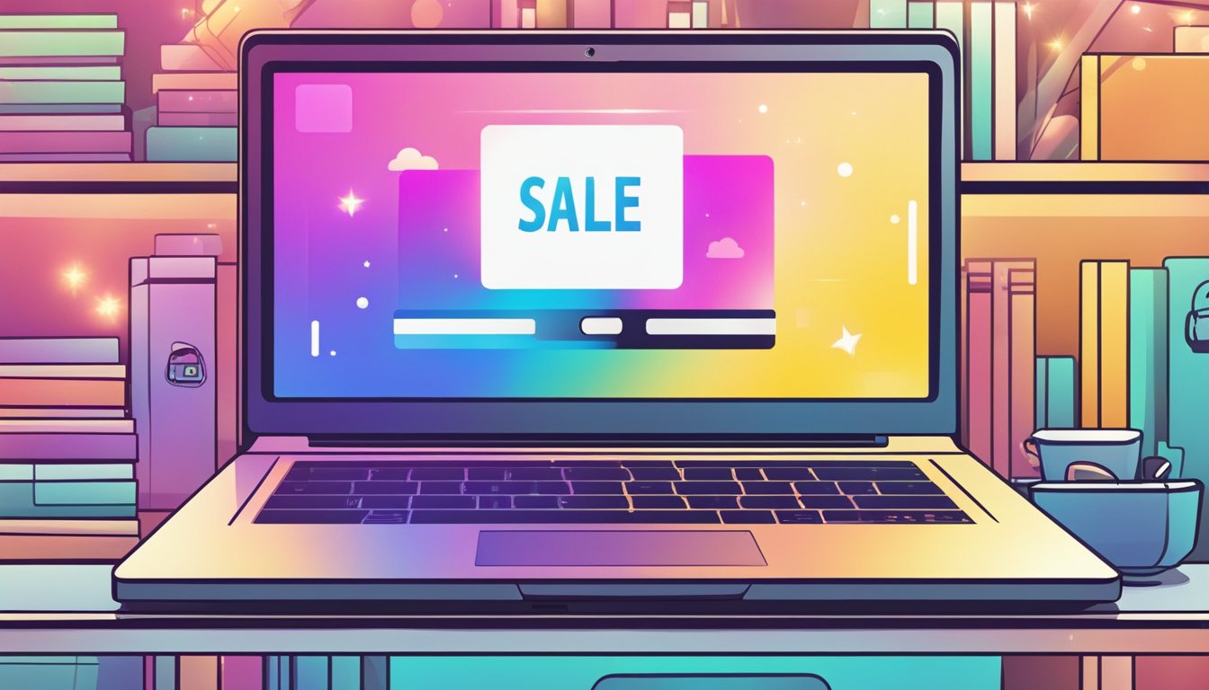 A laptop sitting on a store shelf, surrounded by bright display lights and a "sale" sign