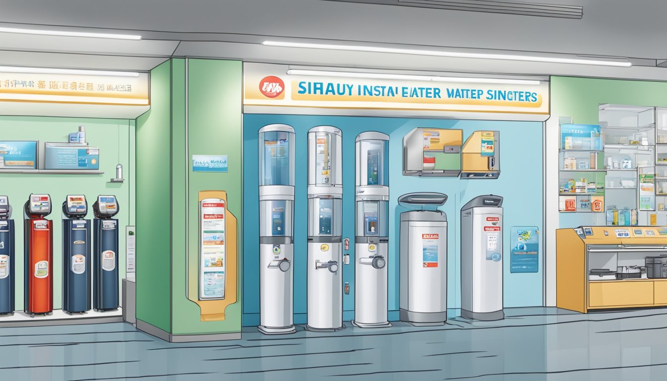 A display of instant water heaters in a Singaporean appliance store, with a sign reading "Frequently Asked Questions: where to buy instant water heater in Singapore."