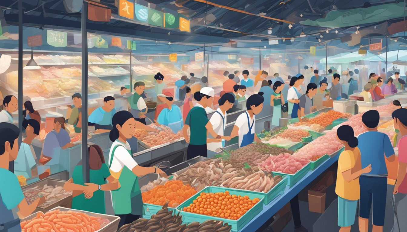 A bustling seafood market in Singapore, with vendors proudly displaying fresh baby squid on ice, surrounded by colorful signs and bustling customers