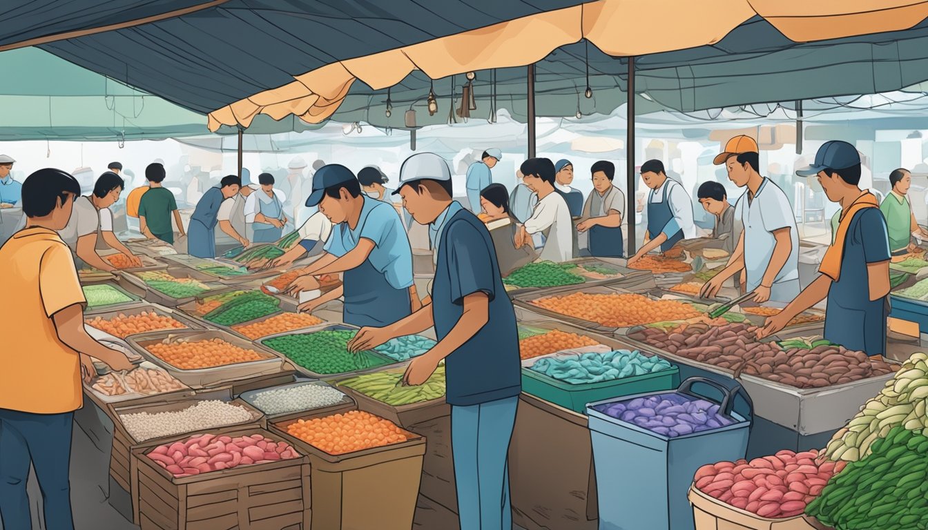 A bustling seafood market in Singapore with colorful displays of fresh baby squid, lined with vendors eager to sell their prized catch
