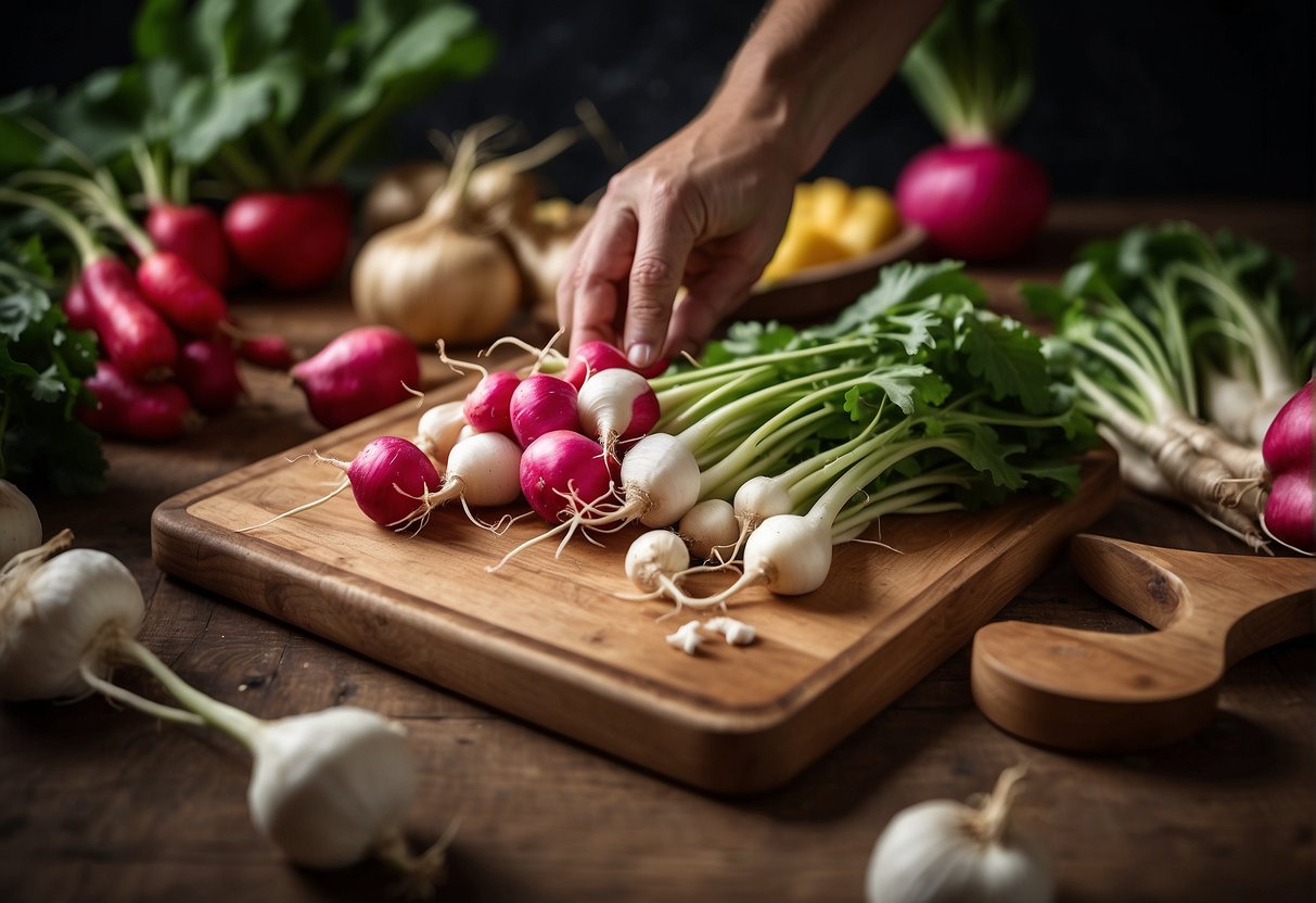 A hand reaching for fresh Chinese radishes, ginger, and garlic on a wooden cutting board