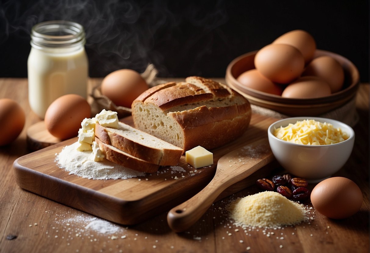 A wooden cutting board with flour, yeast, sugar, and raisins. A mixing bowl with eggs, milk, and butter. A recipe book open to "Chinese Raisin Bread."