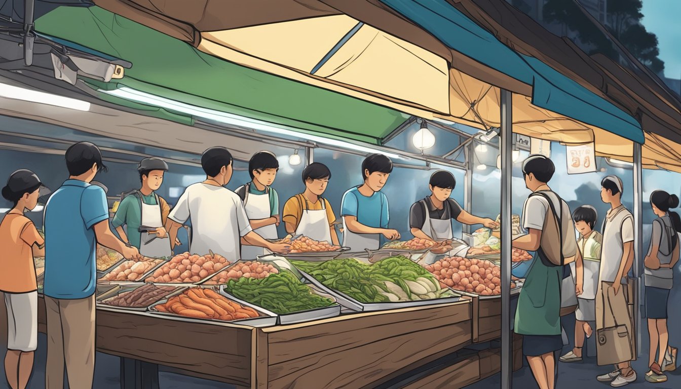 A bustling market stall displays fresh baby squid in Singapore. Customers inquire about the purchase, while the vendor answers their questions
