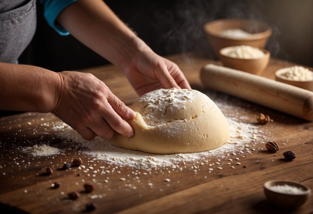 A pair of hands kneading dough, a bowl of raisins, flour scattered on a wooden surface, and a rolling pin