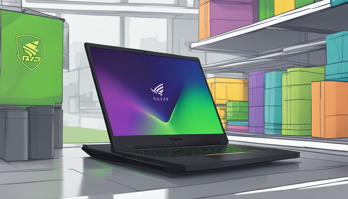 A Razer Blade Stealth laptop sits on a display shelf at Best Buy