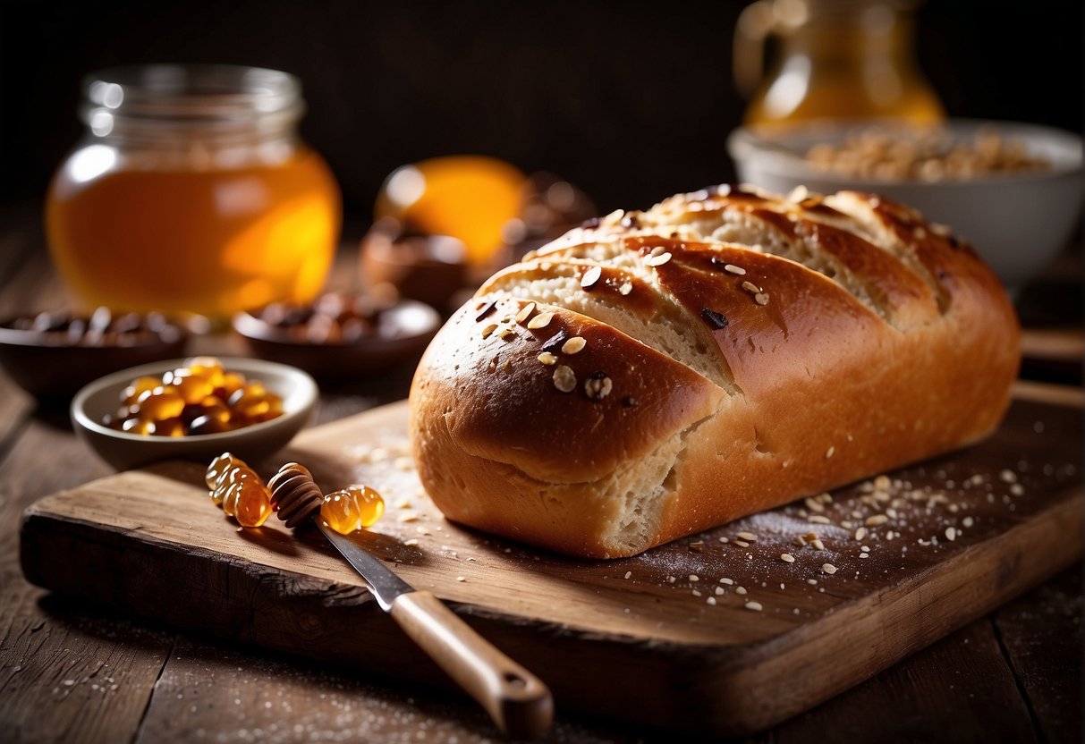 A loaf of Chinese raisin bread sits on a rustic wooden cutting board, surrounded by scattered raisins and a dusting of flour. A small dish of honey and a knife are nearby, ready for serving