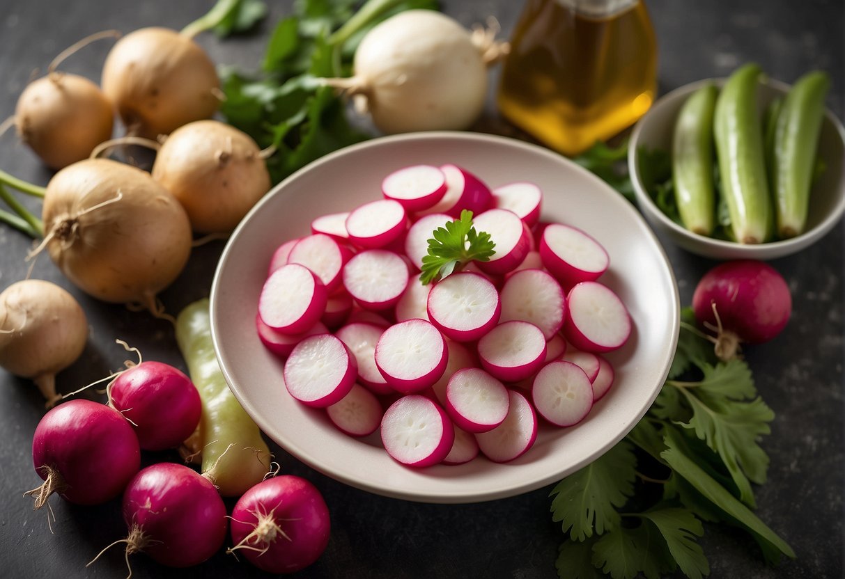 Chinese radishes being peeled, sliced, and marinated in a mixture of soy sauce, vinegar, and sugar, ready for stir-frying or pickling