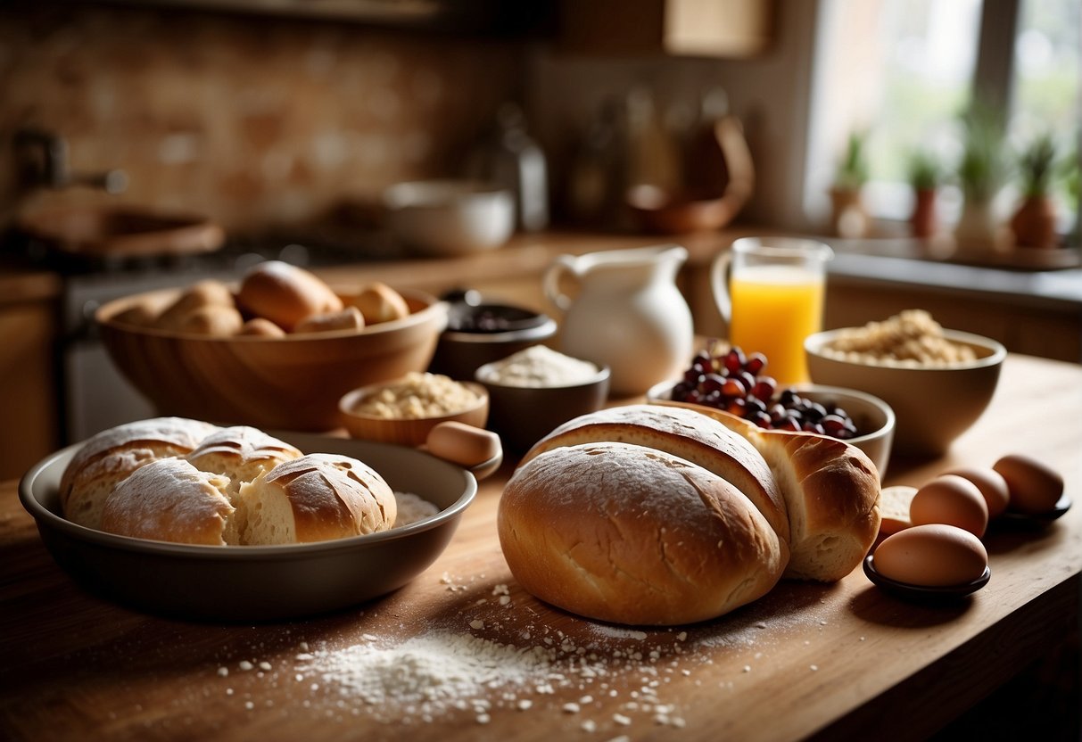 A table filled with ingredients: flour, raisins, yeast. A mixing bowl with dough, a rolling pin, and a loaf pan. A warm kitchen with the aroma of freshly baked bread