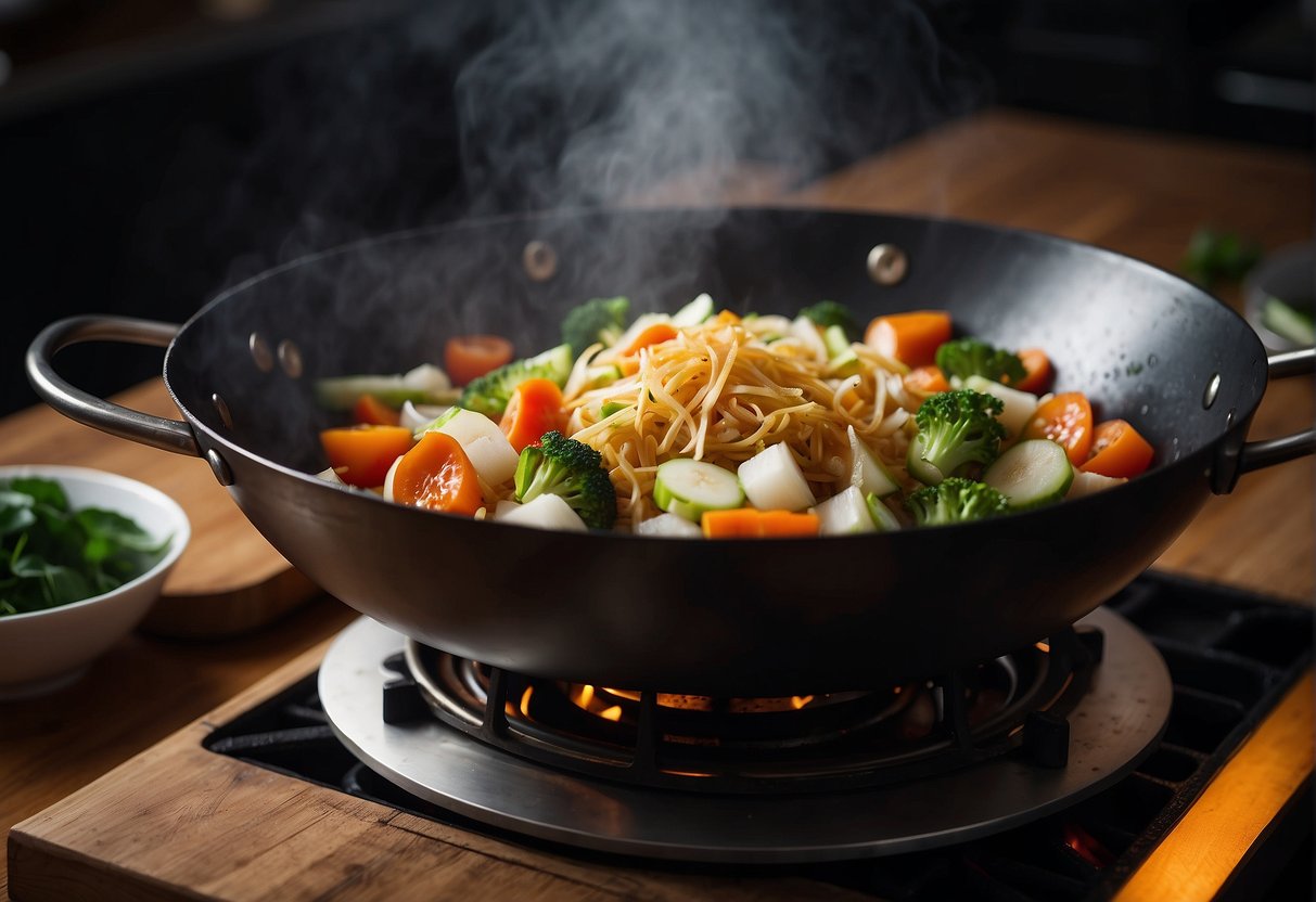 A wok sizzles with stir-fried Chinese radish, as steam rises and aromas fill the air. Chopped vegetables and seasonings sit nearby, ready to be added to the dish