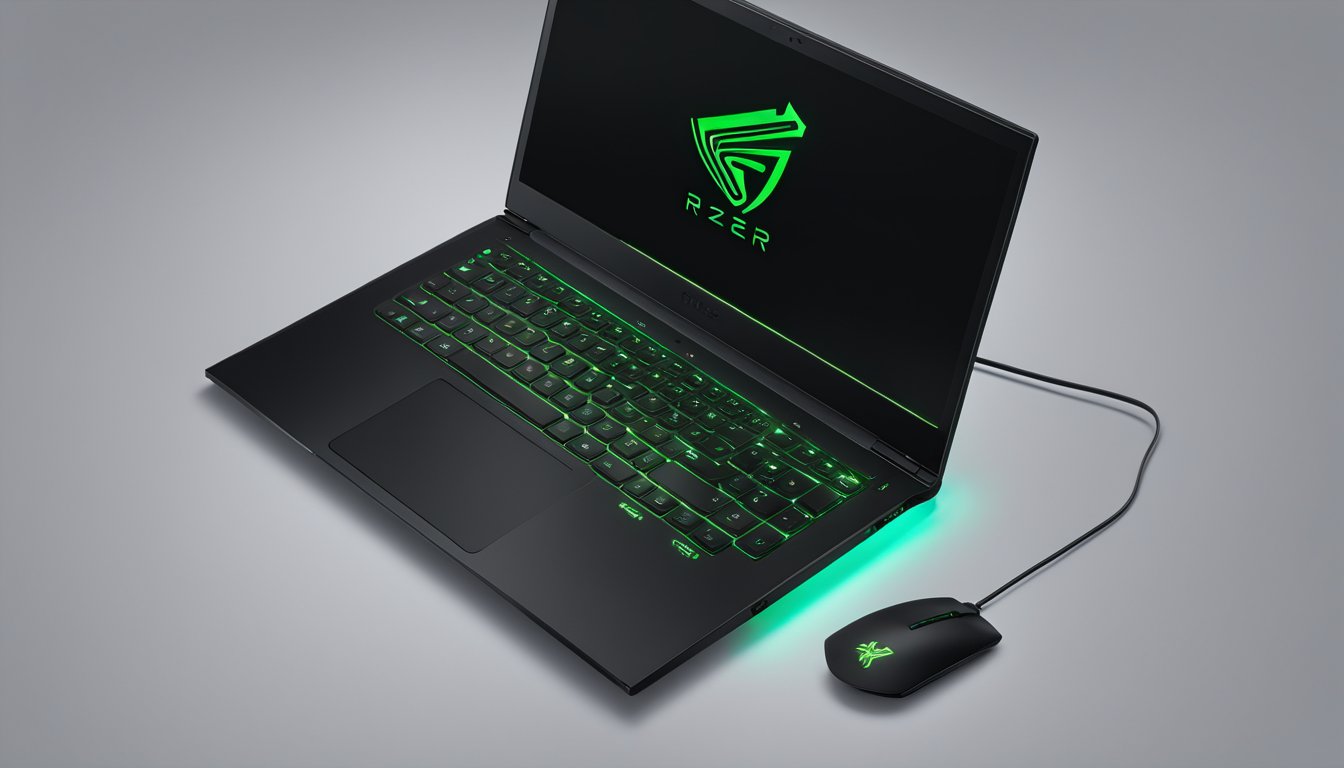 The Razer Blade Stealth laptop sits on a sleek, minimalist desk. Its black aluminum body is accented with vibrant green LED lights, and the iconic Razer logo glows on the lid. The laptop's razor-thin profile and sharp edges ex