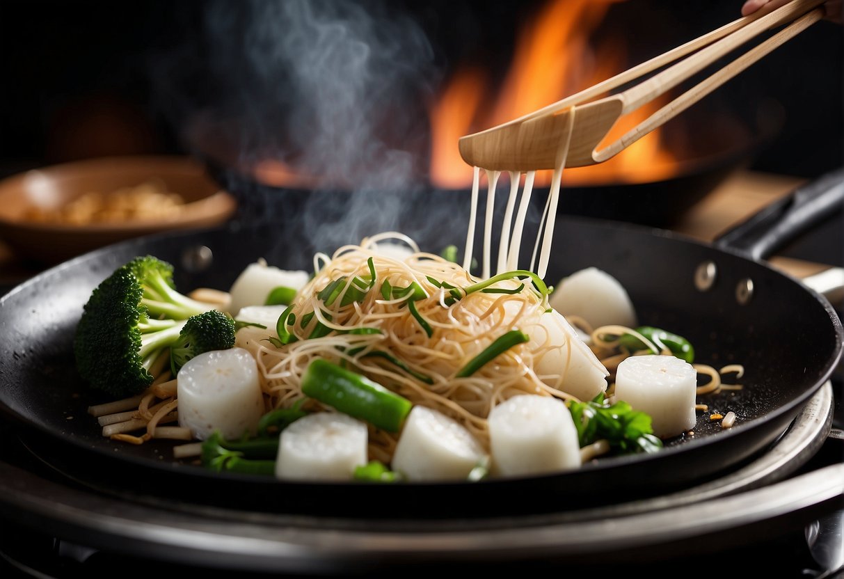 A wok sizzles with sliced Chinese radish, garlic, and ginger. Steam rises as soy sauce and seasoning are added