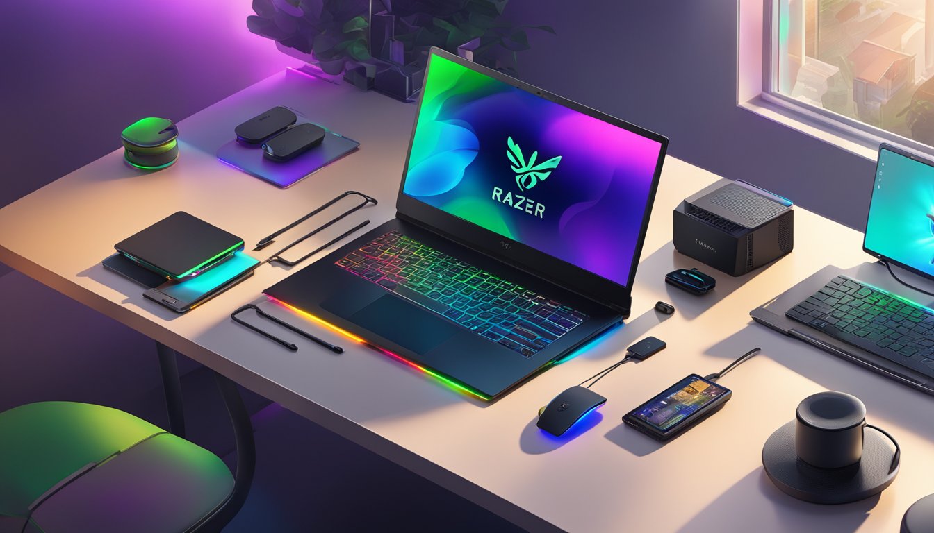 The Razer Blade Stealth sits on a sleek desk, surrounded by a collection of high-tech gadgets. A beam of light from the window highlights its metallic finish