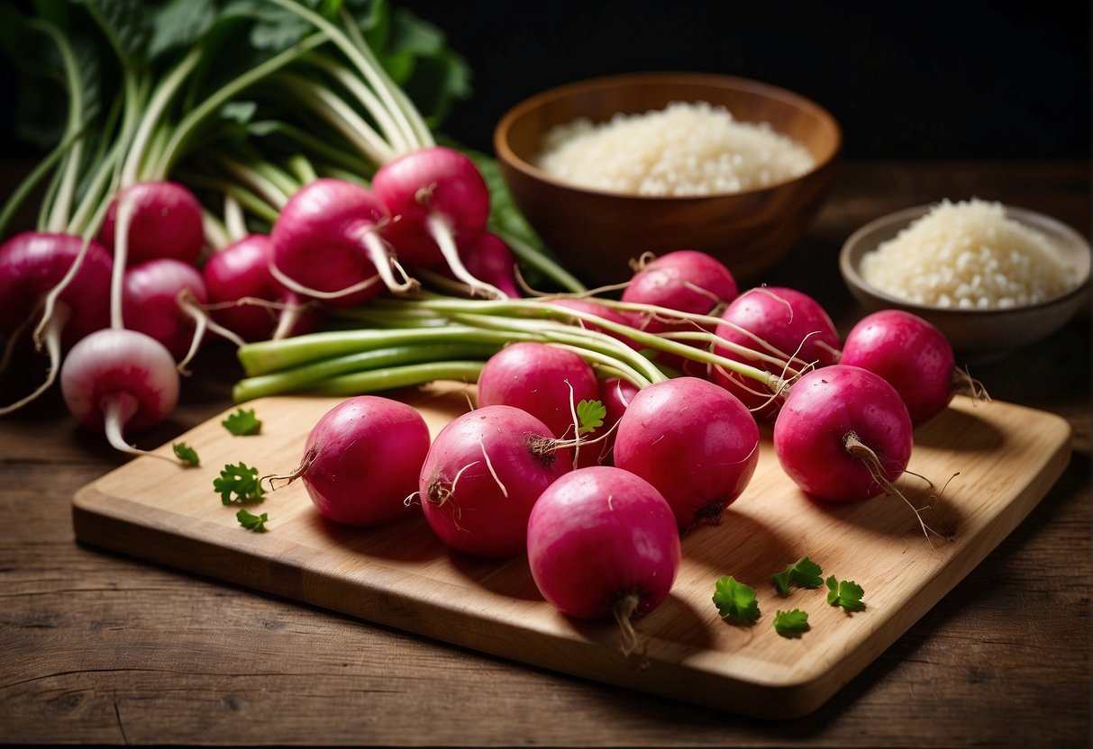 A table with a cutting board, knife, and fresh Chinese radishes. A recipe card with "Nutritional Information" written on it