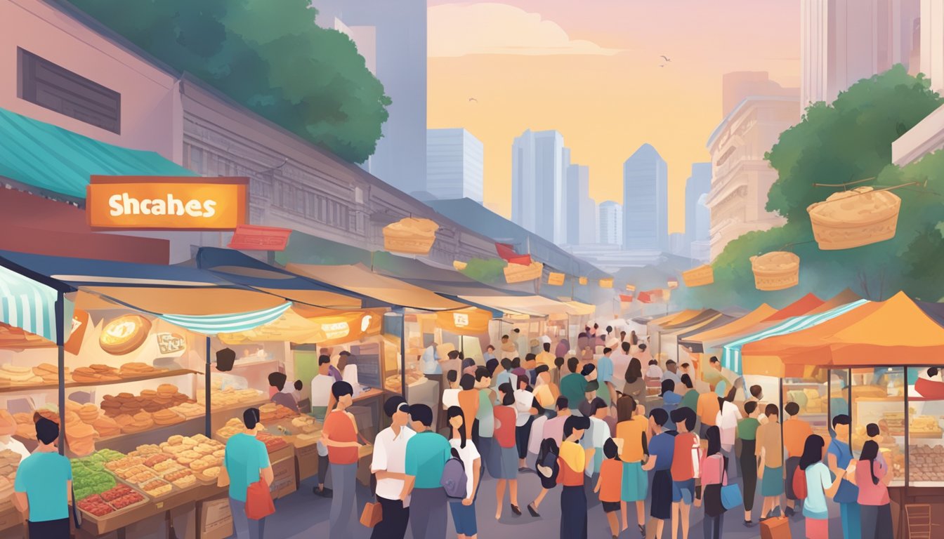 A bustling Singapore street market with colorful stalls selling Jenny cookies, with a prominent sign showcasing the brand's logo and a crowd of eager customers