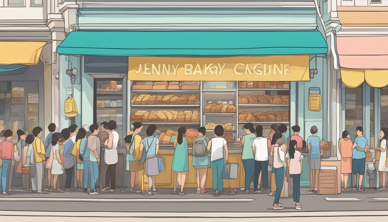 A bustling street in Singapore, with a colorful storefront labeled "Jenny Bakery." A queue of eager customers lines up outside, eagerly anticipating the chance to buy Jenny cookies