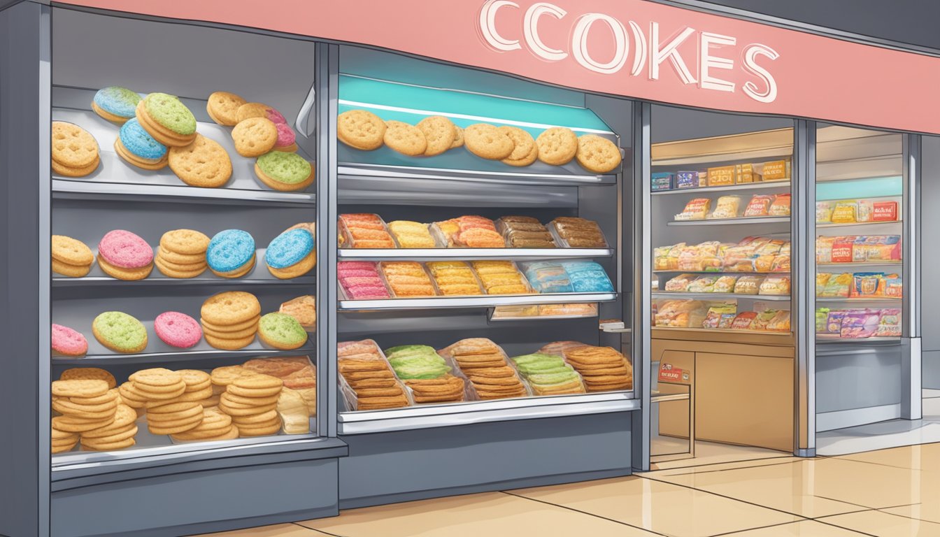 A display of Jenny Cookies at a Singapore store, with signs advertising purchasing options and special offers