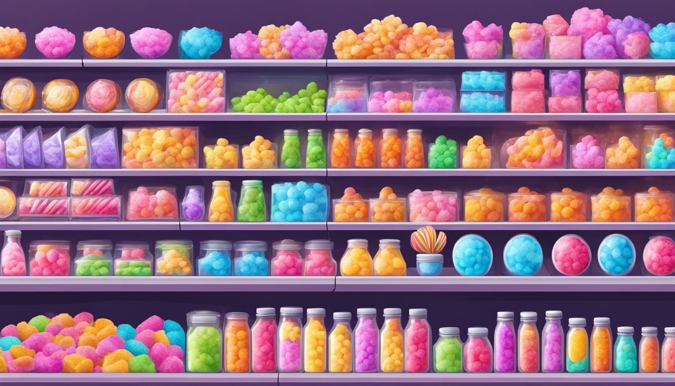 A colorful display of candy floss sugar packages on shelves at a vibrant market in Singapore. Bright, eye-catching packaging and various flavors available