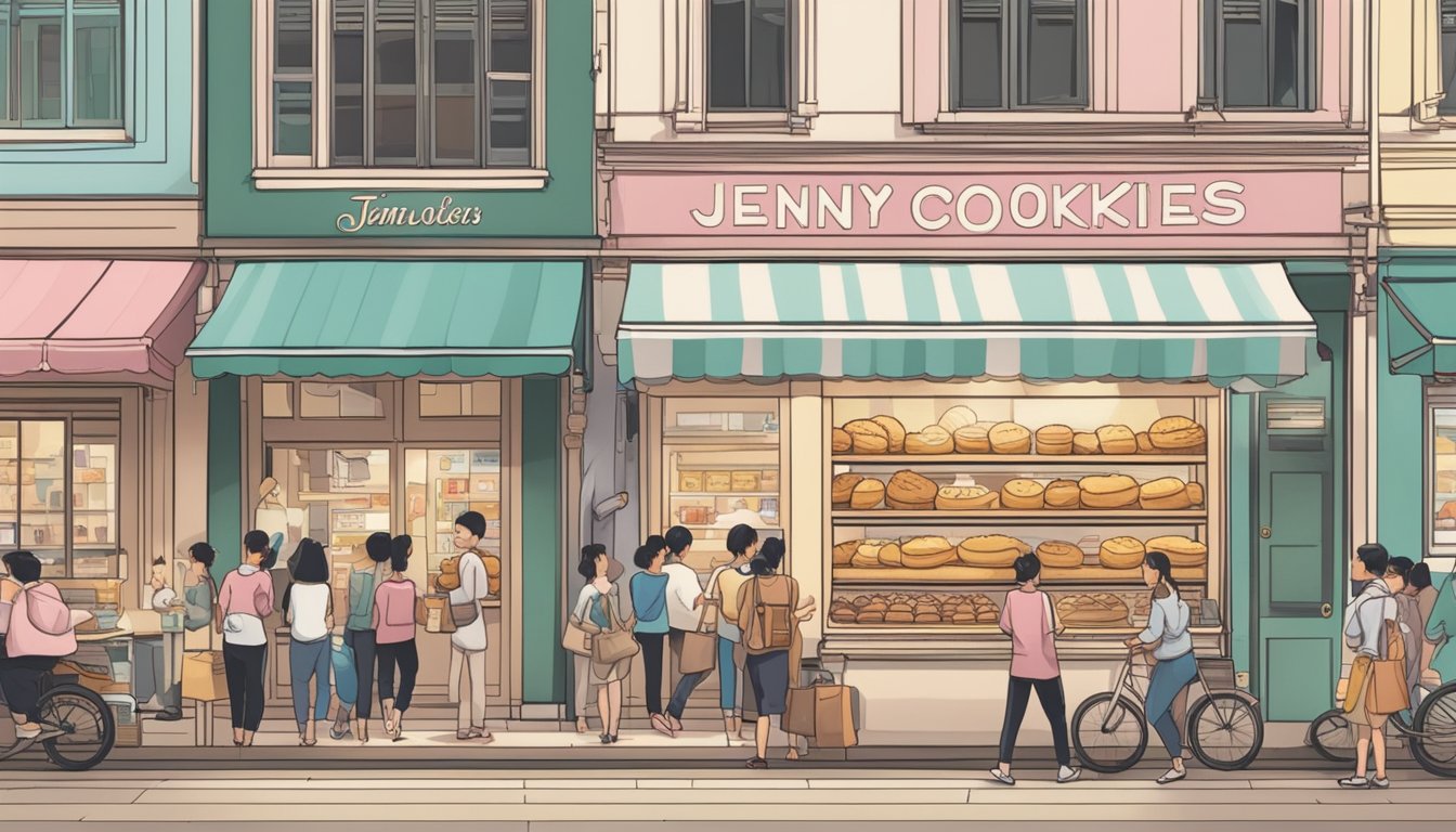 A bustling bakery in Singapore with a prominent sign advertising "Jenny Cookies" and a line of customers eagerly waiting to make their purchase