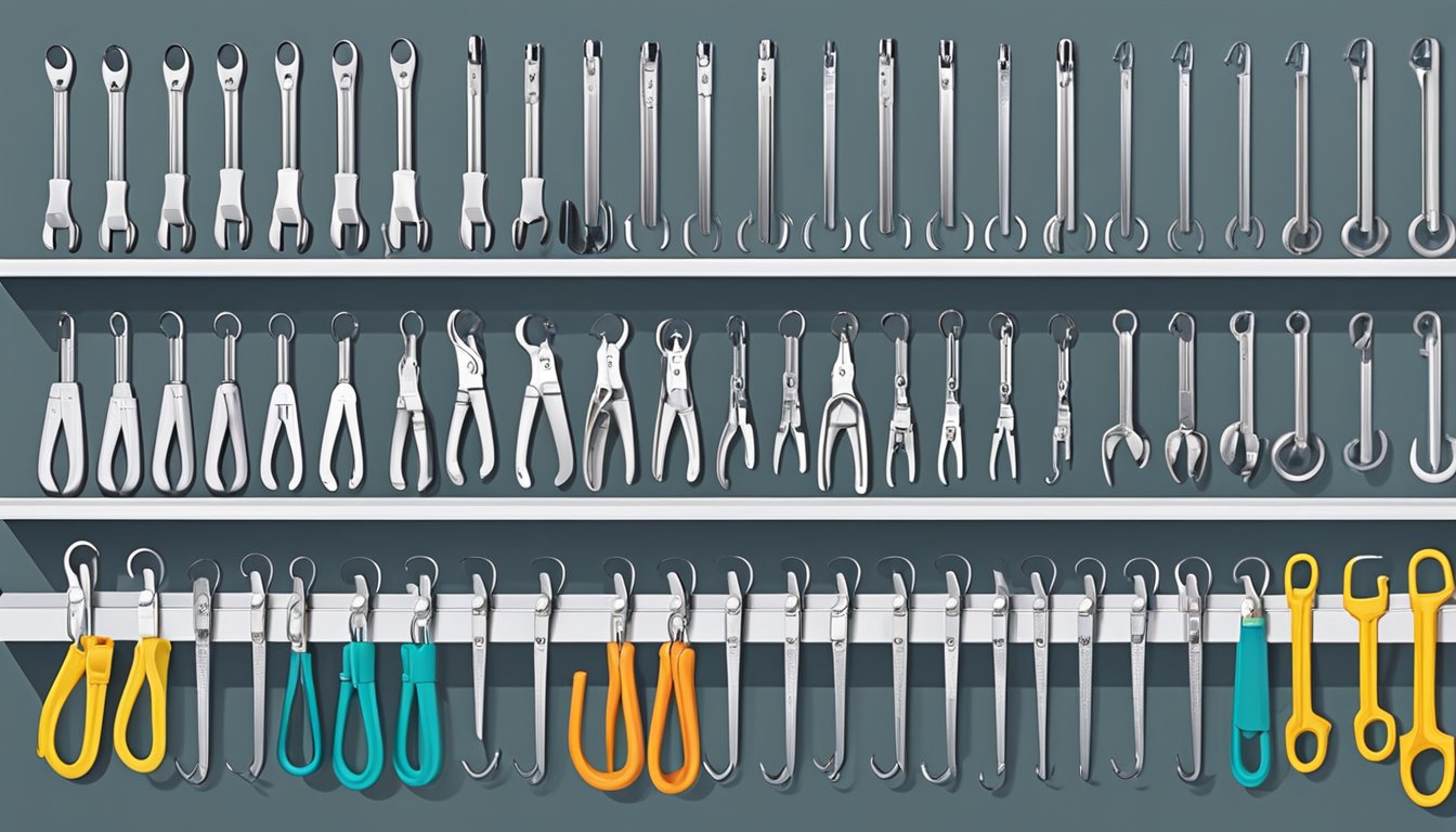 A bustling hardware store display 3M hooks in various sizes and styles, neatly organized on shelves with price tags