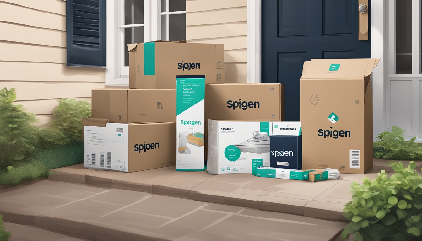 A package labeled "Spigen Singapore" sits on a doorstep, with various shipping and delivery options displayed nearby
