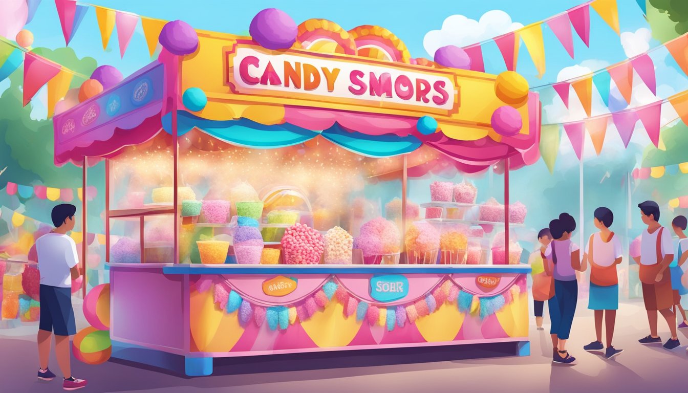 A colorful carnival scene with candy floss machines, vibrant party decorations, and a display of various flavored candy floss sugars at a market stall in Singapore