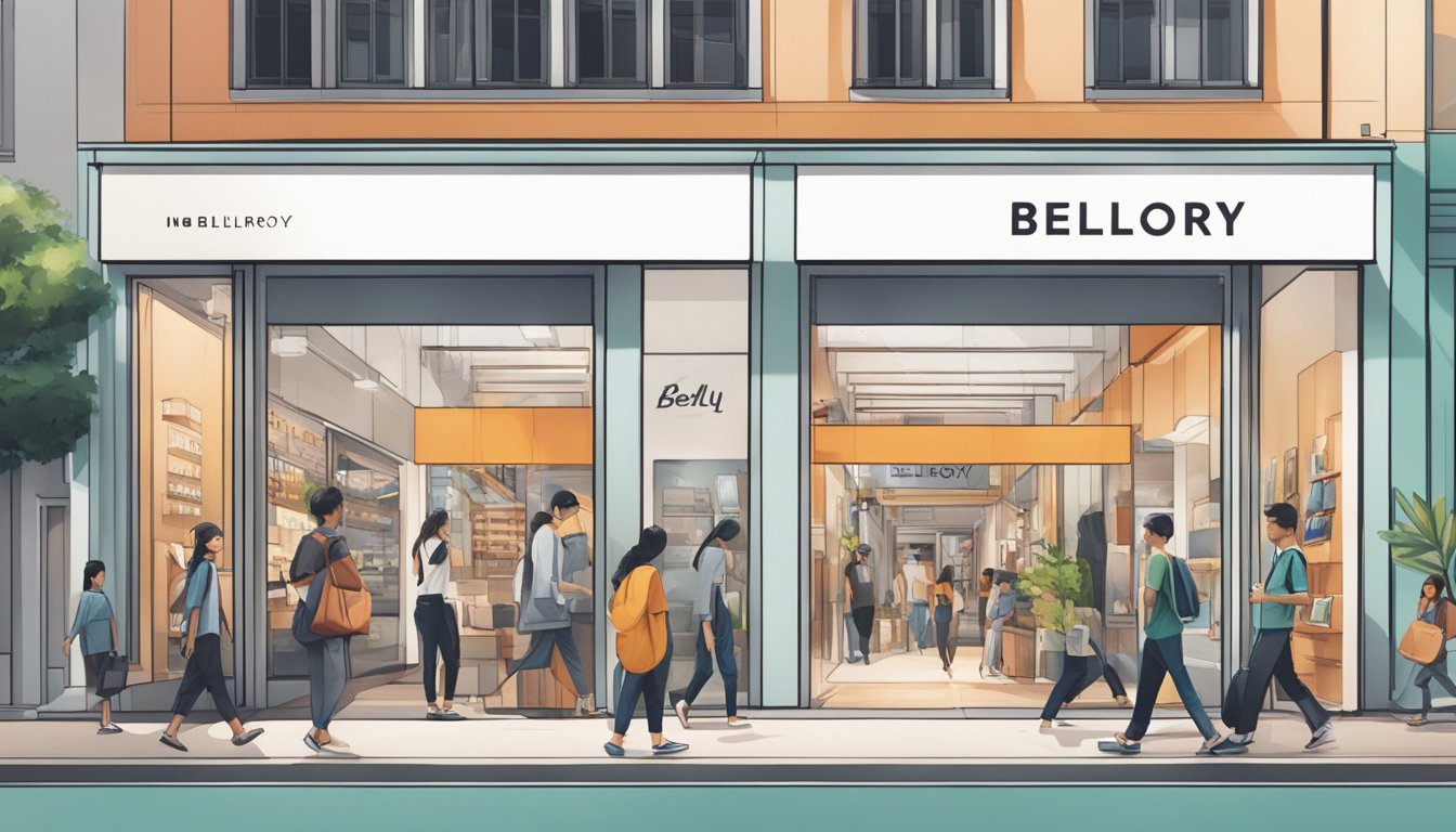 A busy street in Singapore, with a modern and sleek storefront displaying the Bellroy logo and products. Pedestrians walking by, and a vibrant city atmosphere
