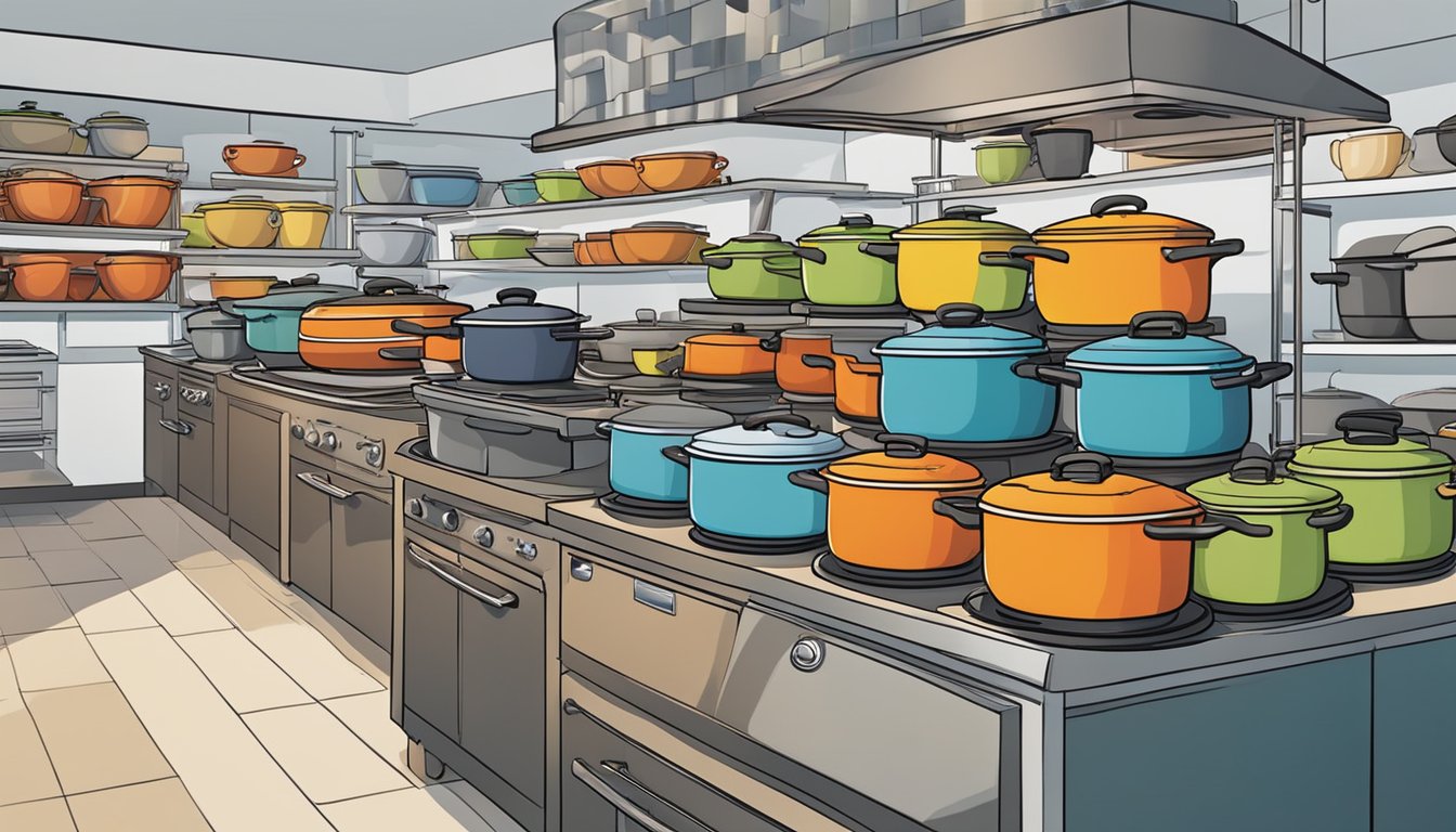 A bustling kitchenware store in Singapore showcases a variety of Dutch ovens on display, with vibrant colors and sleek designs catching the eye of potential buyers